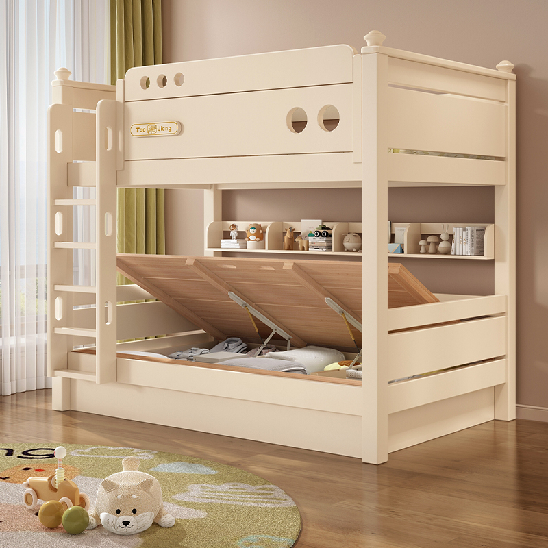 实木上下同宽奶油风樱桃木双层床