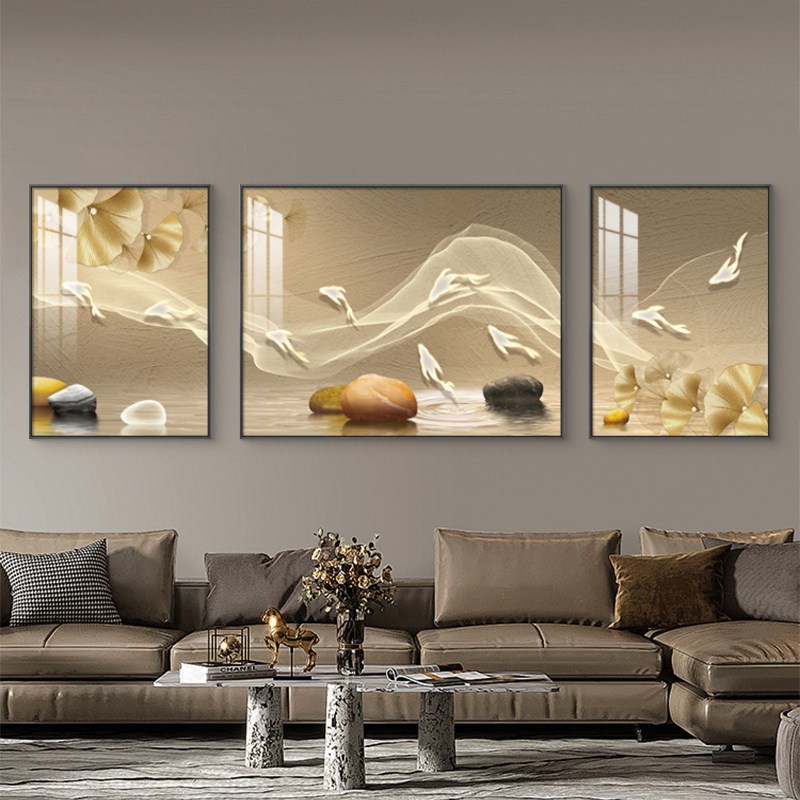 九鱼图客厅装饰画现代轻t奢沙发背景墙挂画大气壁画简约三联画图片