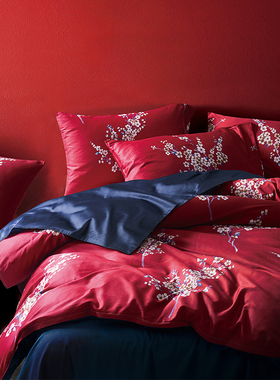 现货红色婚庆纯棉四件式床上用品全棉贡缎60S长绒棉四件套AG6169