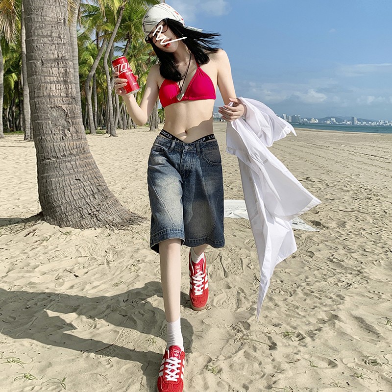 美式复古牛仔短裤女2024夏季宽松低腰小个子直筒显瘦阔腿五分裤子