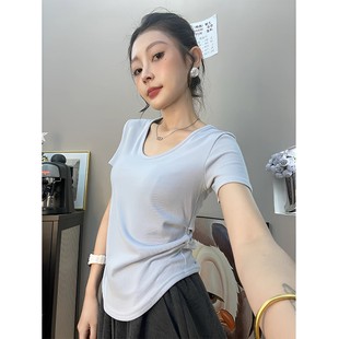 显瘦上衣 夏日染晴 不规则设计感褶皱弧形下摆v领短袖 t恤女修身