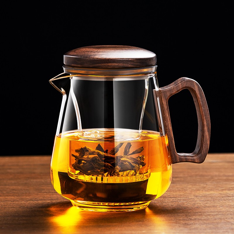 加厚耐热玻璃泡茶壶茶水分离壶实木把茶水杯家用大容量带盖泡茶杯