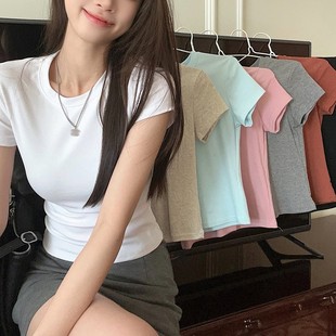 显瘦打底衫 92%棉基础款 纯欲风休闲百搭上衣修身 正肩短袖 T恤女夏季