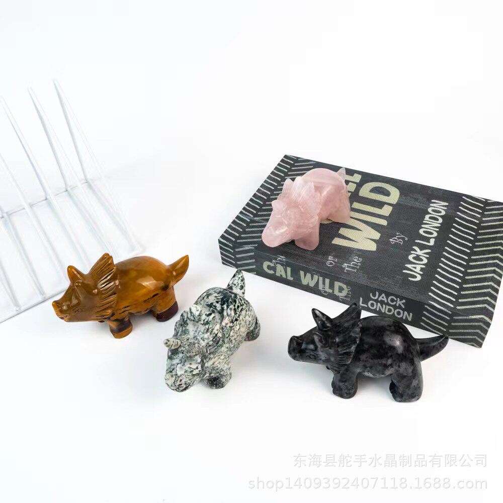 跨境热销天然水晶粉晶闪光石原石雕刻小犀牛创意流行摆件工艺品