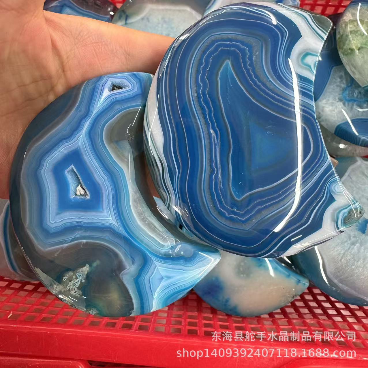 舵手跨境天然水晶原矿原石蓝纹玛瑙月亮把玩可放鱼缸艺术品工艺品