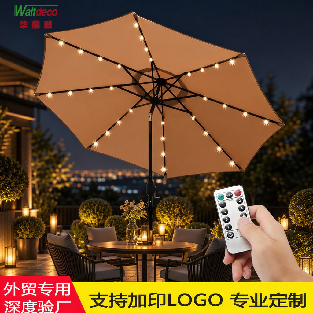 户外带LED灯串带遥控遮阳伞庭院家用摆摊休闲阳台可转向中柱伞图片
