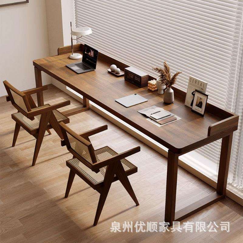 莫比恩靠墙书桌实木双人长条桌家用美式学生学习桌卧室简约办公桌