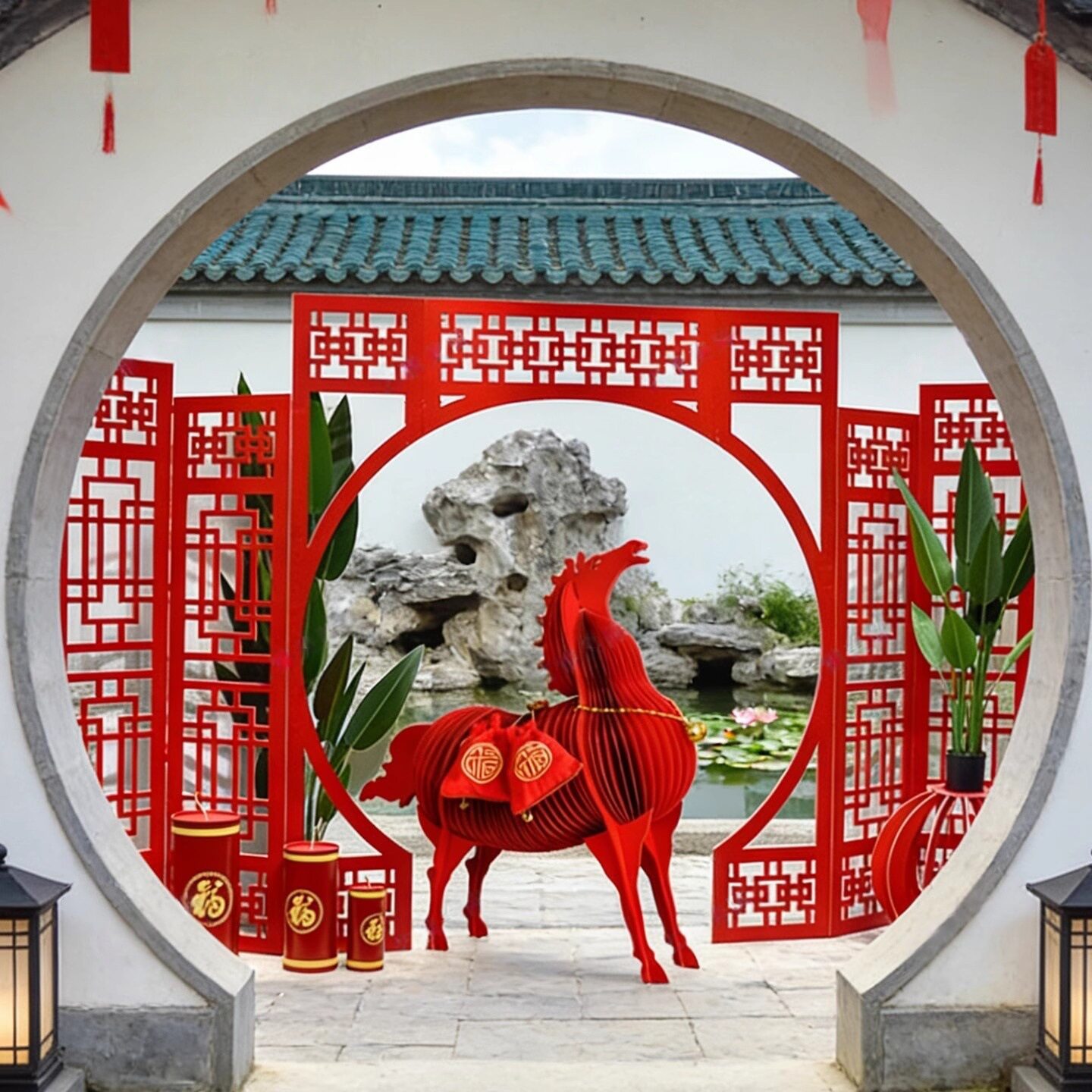 新年春节红色马造型装饰摆件商场中庭DP点节日氛围布置美陈道具猫