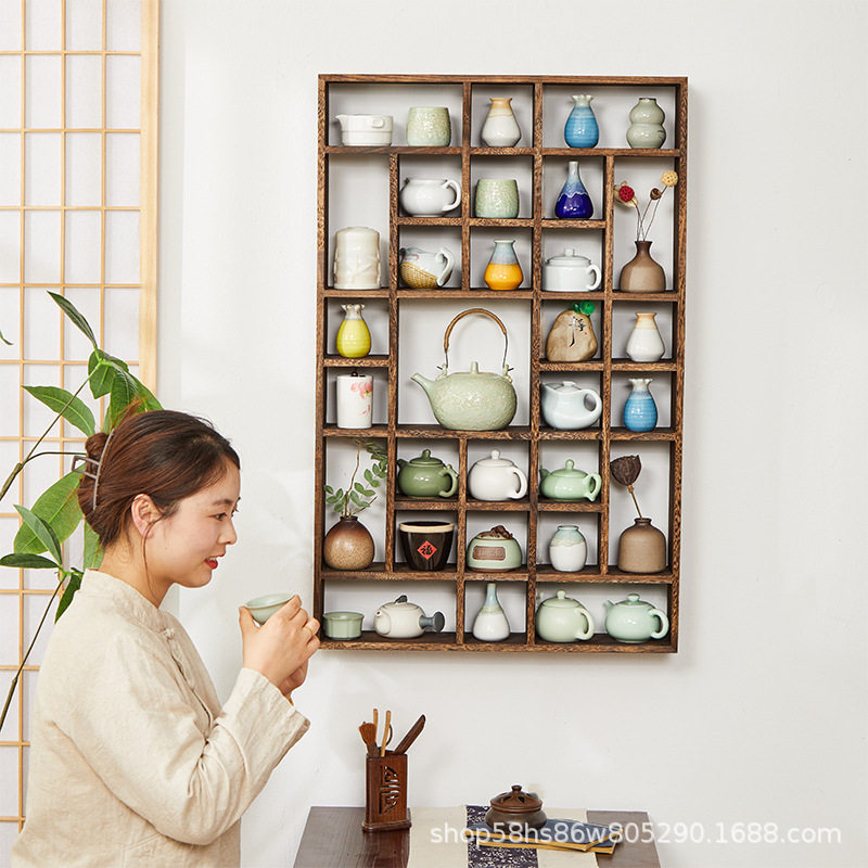 博古架实木中式壁挂式上墙茶壶展示架置物架简约现代多宝阁古董架