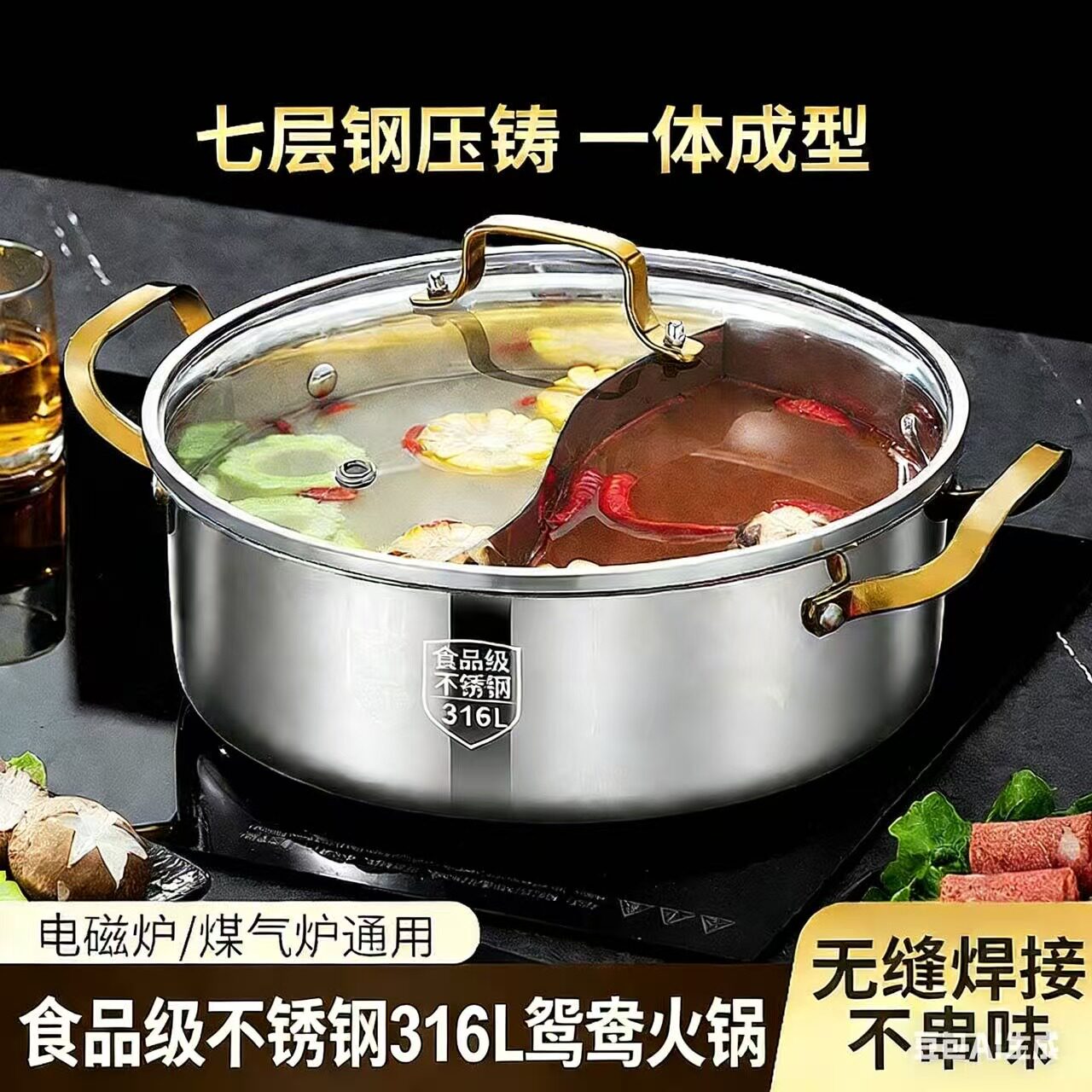 316不锈钢鸳鸯锅火锅锅家用双耳汤锅商用电磁炉火锅盆打边炉锅