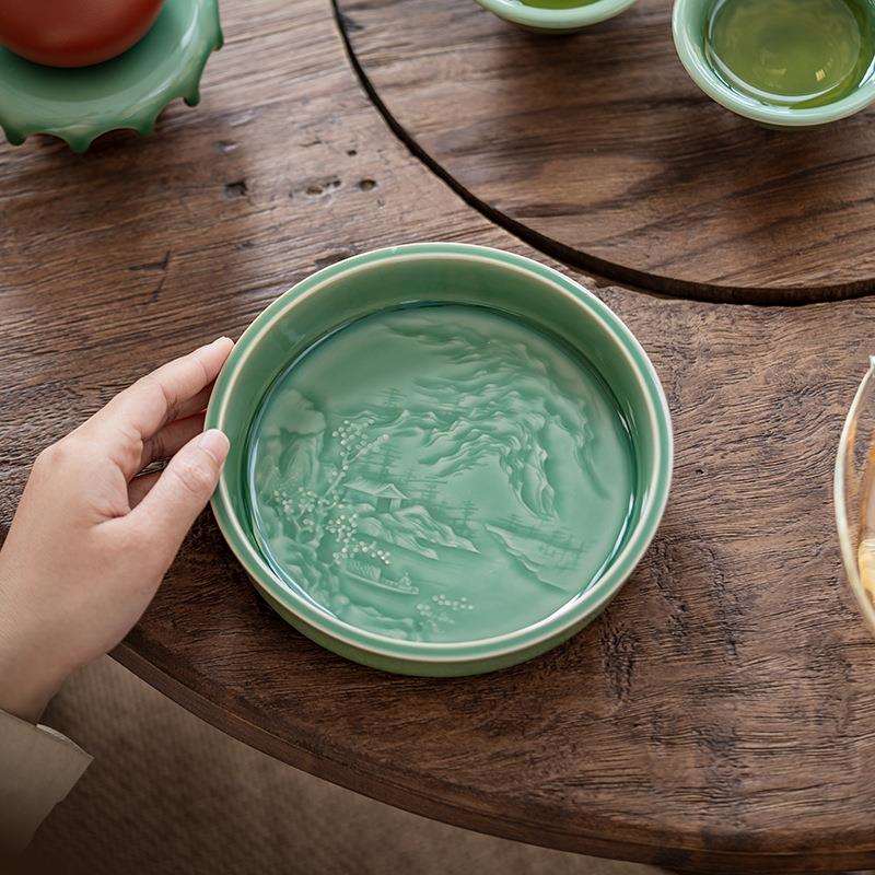 青瓷浮雕世外桃源壶承壶垫釉下影雕盖碗底座家用茶具配件圆托盘