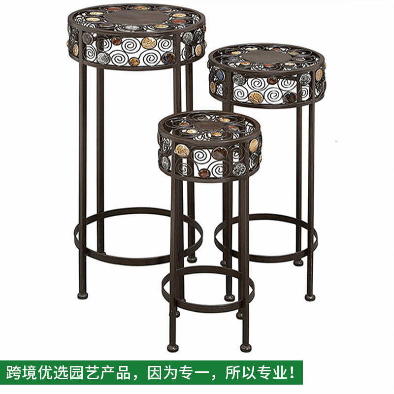 热销轻奢三件套铁艺花架圆形立式卷铁贴彩石室内客厅装饰花架