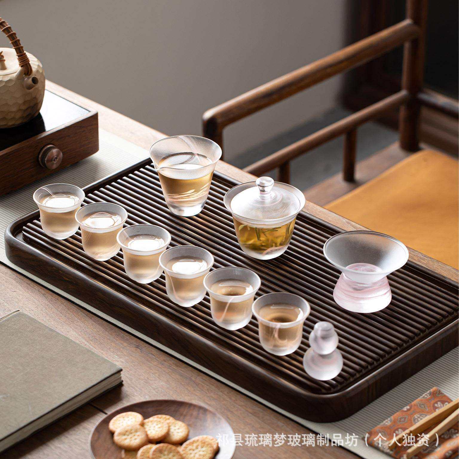新中式琉璃女性茶具套装手工吹制水墨纹理公杯盖碗茶台客厅茶艺全
