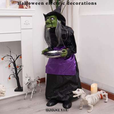 万圣节新款端盘子巫婆鬼屋密室热销1m电动声控感应装饰摆件