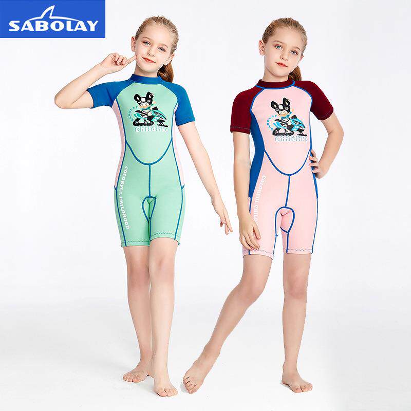 鲨宝莱新款儿童潜水服2MM女童连体泳衣保暖防寒浮潜冲浪水母衣