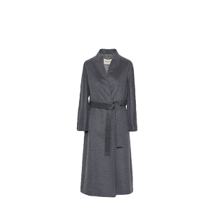 TENGS滕氏秋冬女装长款高级山羊绒立领深灰毛呢大衣系带收腰通勤