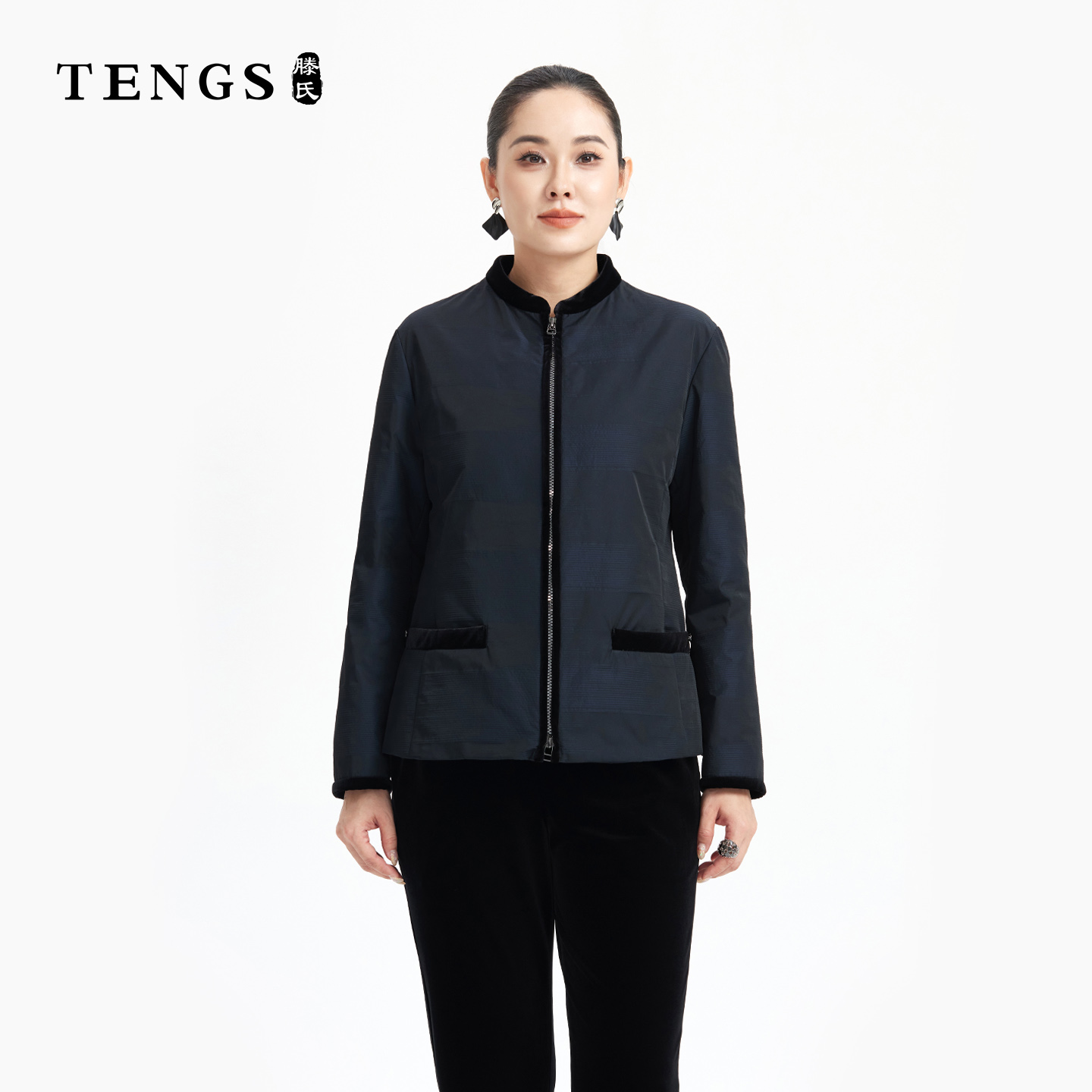 TENGS休闲保暖丝绒拼接短款棉服
