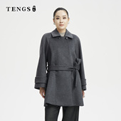 TENGS滕氏秋冬女装 高级山羊绒深灰色短大衣翻领阔口毛呢外套通勤