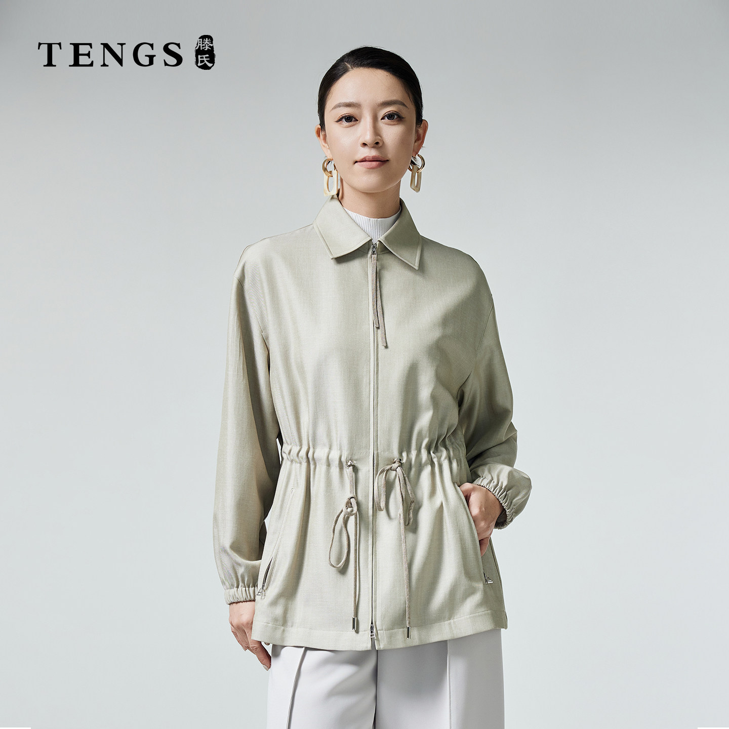 TENGS滕氏女装秋冬款长袖纯色舒适优雅风轻奢感宽松轻松感风衣