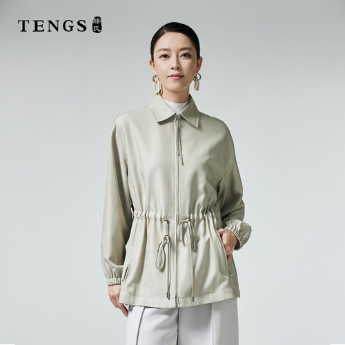 TENGS滕氏女装秋冬款长袖纯色舒适优雅风轻奢感宽松轻松感风衣