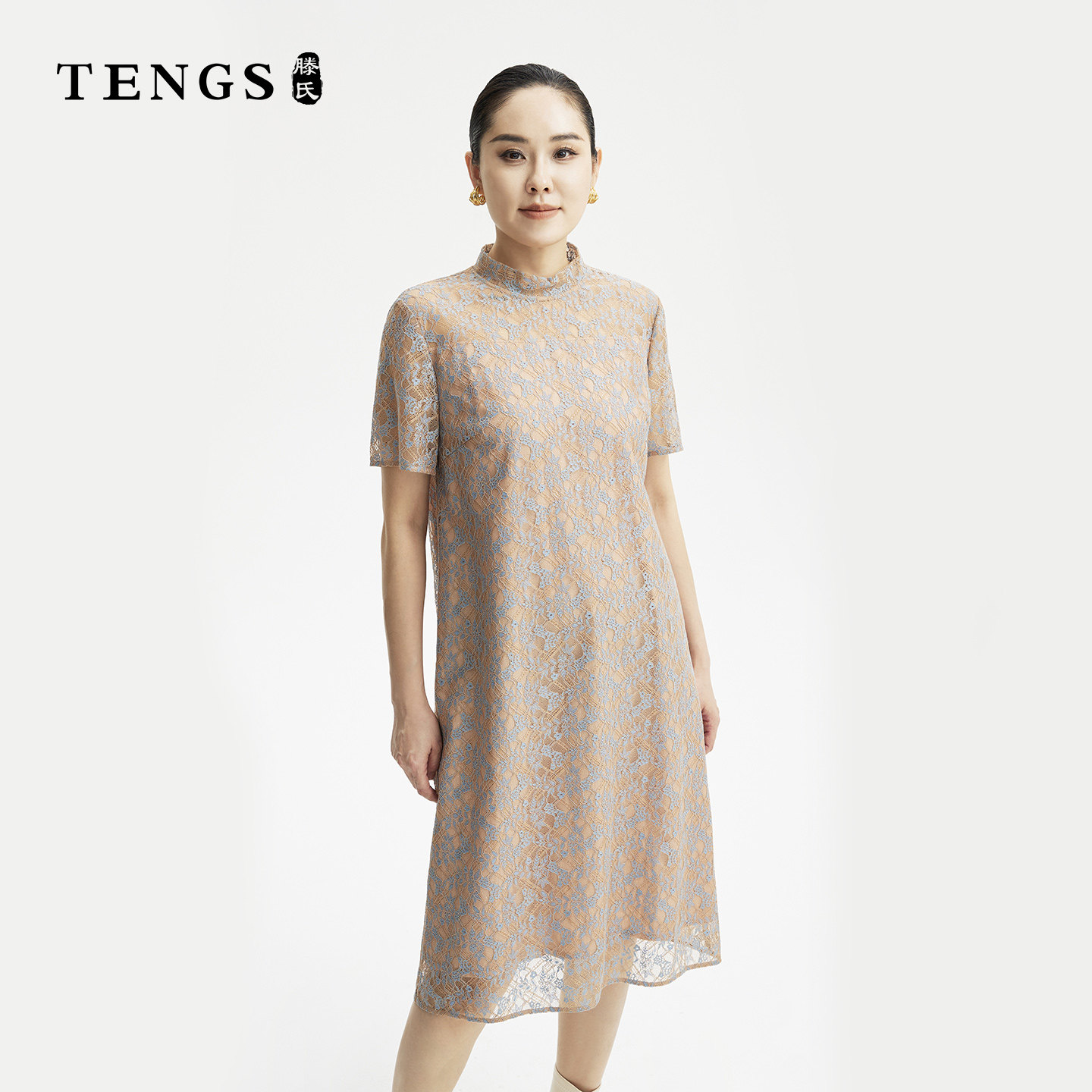 TENGS滕氏女装蕾丝立领短袖中长款气质优雅连衣裙