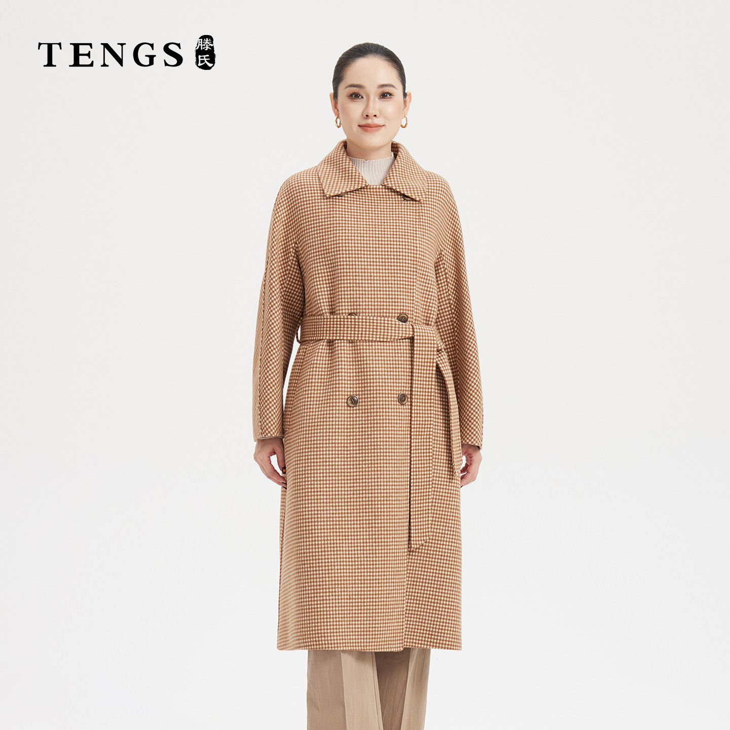 TENGS中长羊毛双排扣大衣百搭