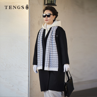 TENGS滕氏女装秋冬新款经典优雅廓形绵羊毛黑色中长款双面大衣