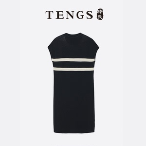 TENGS滕氏女装春夏新款拼色条纹短袖针织连衣裙舒适弹性修身直摆