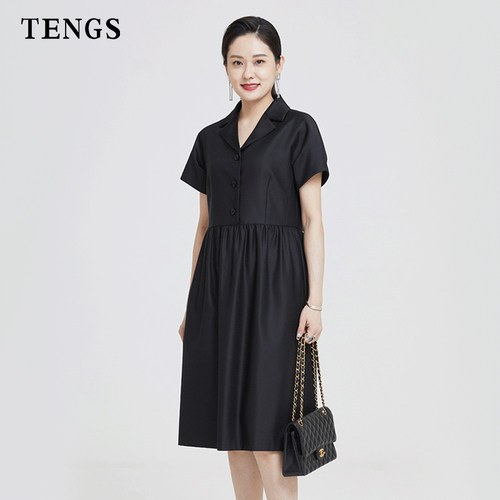 TENGS质感暗纹高腰线休闲连衣裙
