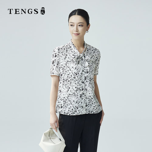 TENGS泼墨印花飘带领短袖衬衫