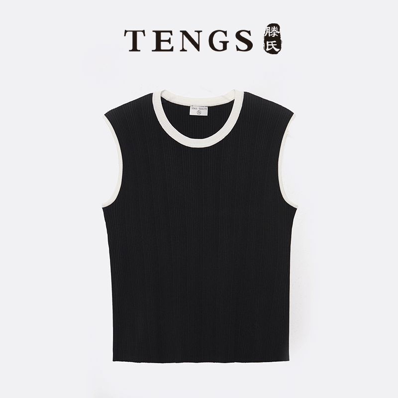 TENGS滕氏/织希女装新款针织系列黑色纹理异色罗纹圆领无袖针织衫