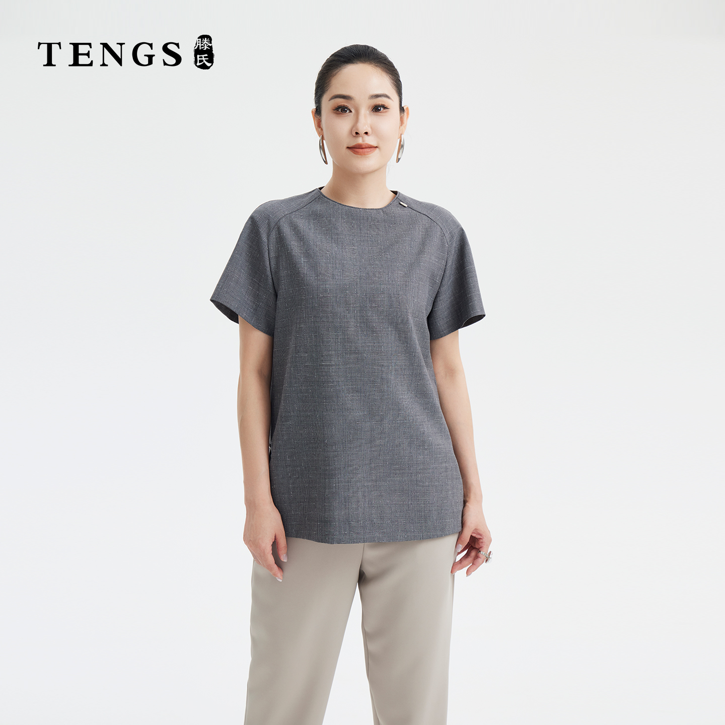 TENGS滕氏女装夏季新款时尚通勤优雅轻奢舒适短袖上衣