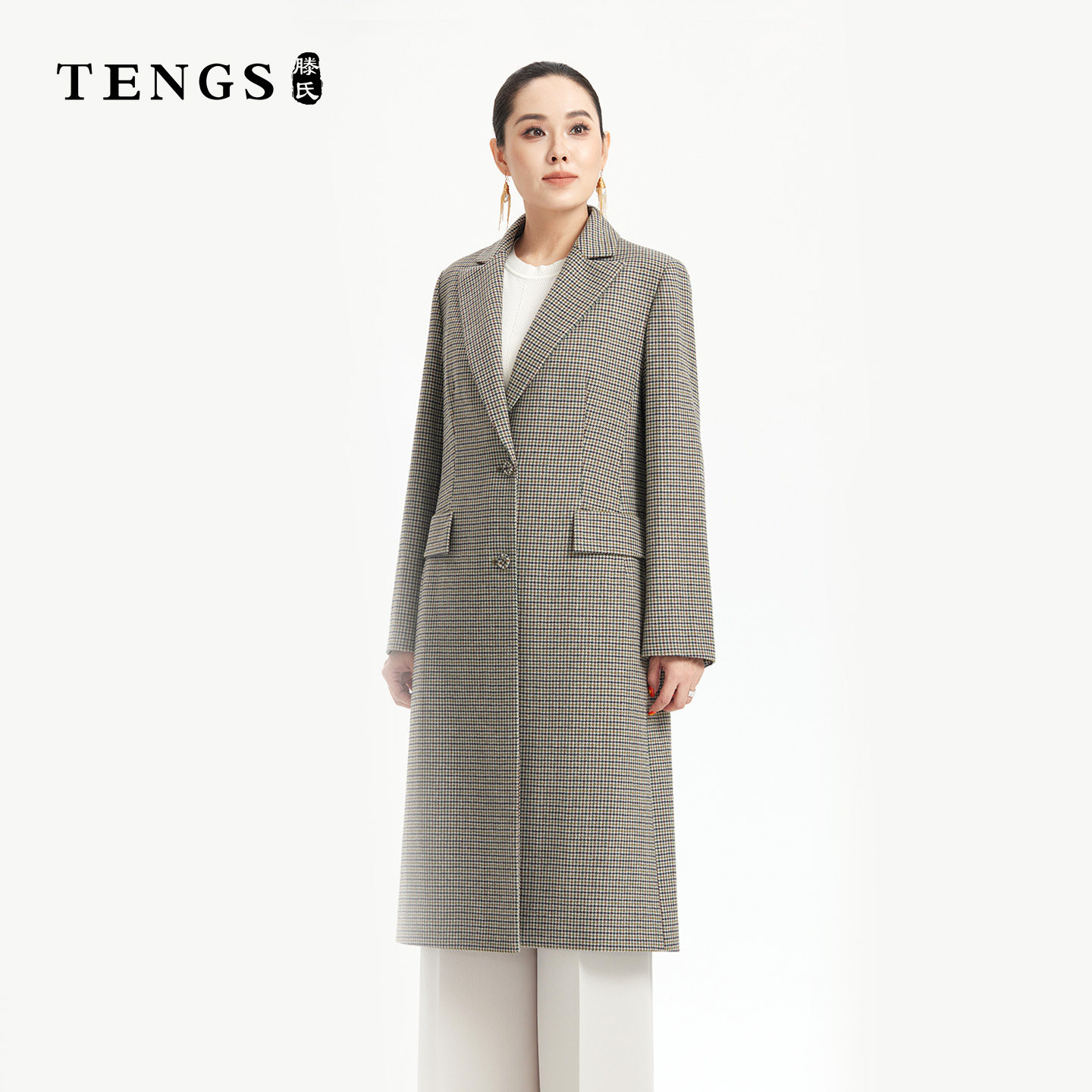 TENGS滕氏女装秋冬优雅舒适气质百搭职场通勤格纹大衣