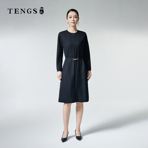 TENGS滕氏女装优雅通勤收腰系带中款气质百搭连衣裙