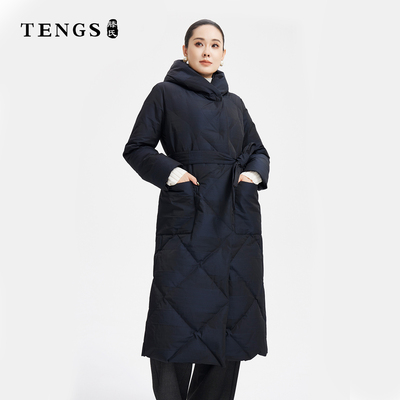 TENGS时尚绗缝白鸭绒长款羽绒服