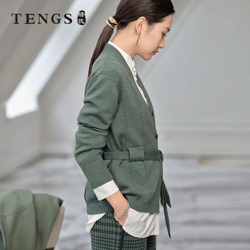 TENGS海藻绿纯羊毛系带针织开衫