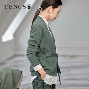 TENGS滕氏女装秋冬新款海藻绿羊毛针织开衫上衣系带设计休闲舒适