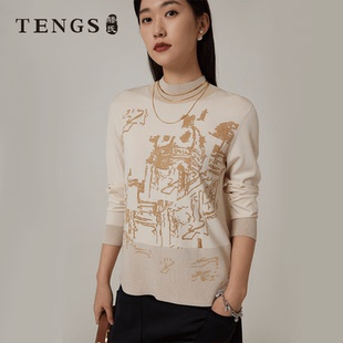 TENGS滕氏女装春季写意提花柔软半高领长袖针织衫时尚舒适百搭衫