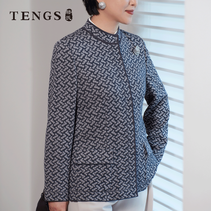 TENGS滕氏女装秋冬新款老钱风提花针织上衣立领修身廓形百搭
