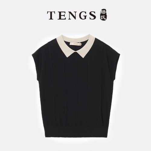 TENGS异色翻领短袖针织衫