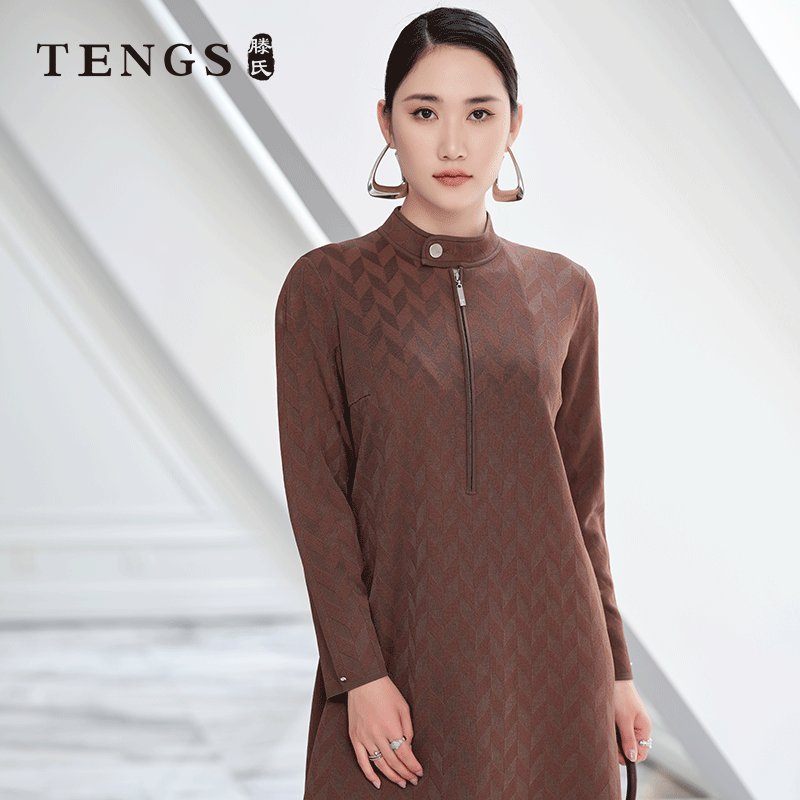 TENGS菱格提花立领针织连衣裙