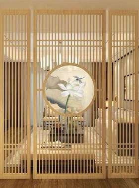 东阳木雕新中式实木隔断屏风日式镂空花格现代办公客厅玄关木格栅