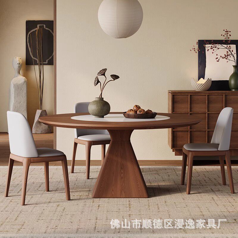 内嵌岩板转盘实木餐桌椅组合北欧大小户型饭桌家用白蜡木旋转圆桌