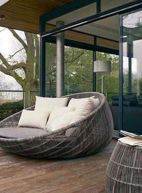 户外藤编沙发床露台阳台仿藤圆床庭院花园泳池懒人民宿圆形藤躺床