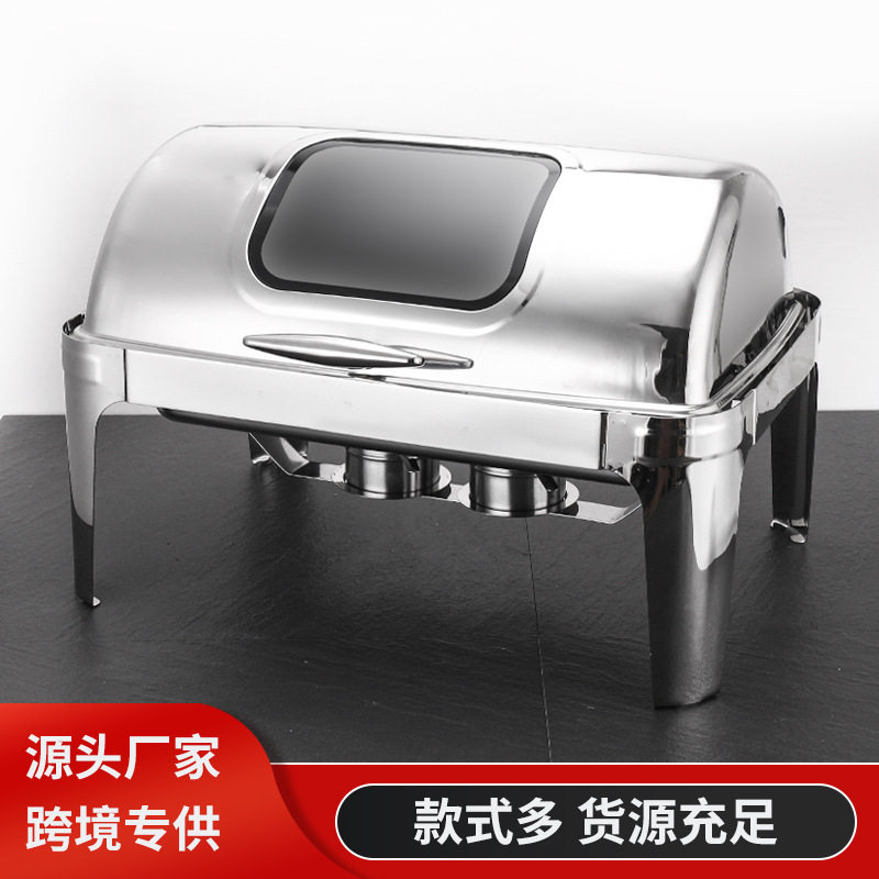 跨境加厚不锈钢酒精炉布菲炉翻盖可视酒店餐具餐桌保温炉加厚保温