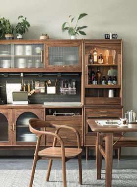 北美实木黑胡桃木餐边柜一体靠墙日式简约化茶水柜储物柜收纳高柜