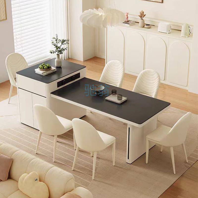 fLE现代奶油岩板岛台餐桌小户型可伸缩简约家用中岛吃饭泡茶一体