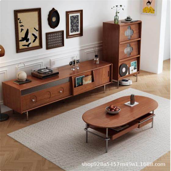 中古风樱桃木全实木电视柜边柜茶几组合法式复古不锈钢家用储物柜