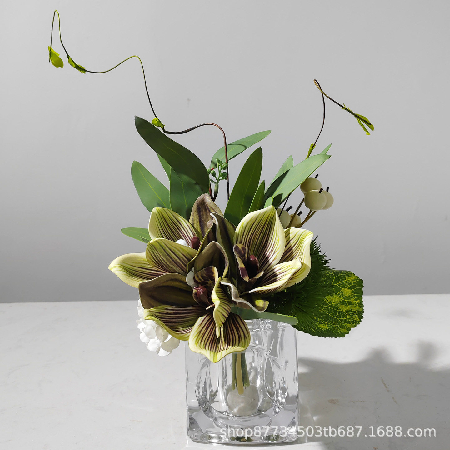 现代简约仿真花艺绿植玻璃插花器客厅餐桌售楼处洽谈桌面软装摆件