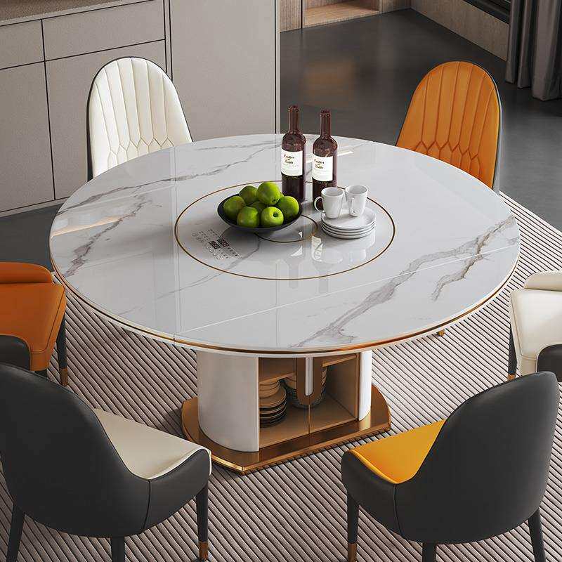 轻奢多功能可变圆形电磁炉暖菜内嵌式岩板转盘餐桌椅组合大小户型